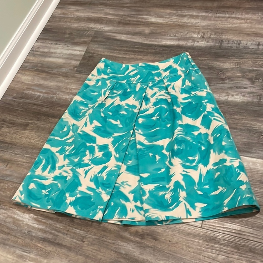 LK Bennett aquamarine brushstroke mirage a line skirt